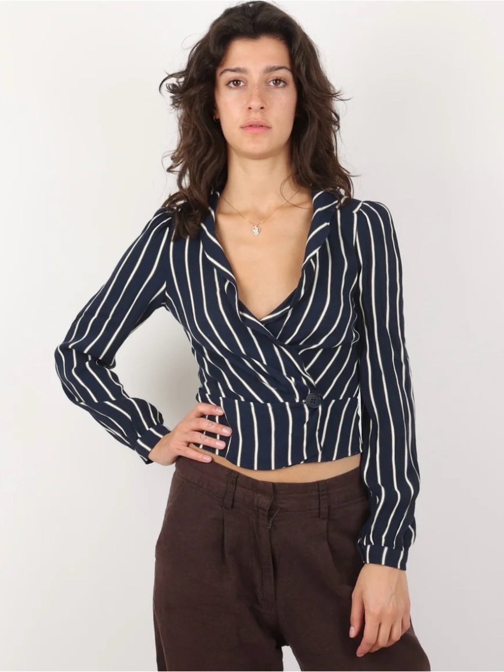 Reformation Striped Fitted Blazer Top Navy Cream Size S